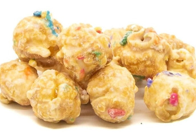Birthday Cake Popcorn has a light caramel gourmet popcorn with white chocolate & sprinkles.  It is manufactured with the highest quality ingredients.  This gourmet popcorn has the taste and aroma of birthday cake with a unique light caramel flavor.